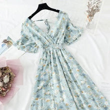 Load image into Gallery viewer, Summer Women Ruffled Short-sleeved Chiffon Dress V-neck High Waist Floral Print Beach Midi Dresses For Women