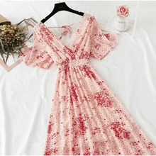 Load image into Gallery viewer, Summer Women Ruffled Short-sleeved Chiffon Dress V-neck High Waist Floral Print Beach Midi Dresses For Women