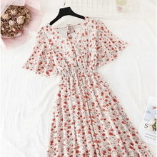 Load image into Gallery viewer, Summer Women Ruffled Short-sleeved Chiffon Dress V-neck High Waist Floral Print Beach Midi Dresses For Women