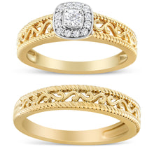 Load image into Gallery viewer, 14K Yellow Gold Plated .925 Sterling Silver 1/5 Cttw Diamond Halo and Milgrain Finish Engagement Ring Bridal Set (I-J Color I3 Clarity) - Size 7