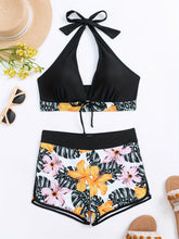 Load image into Gallery viewer, Bikini Floral Halter Neck 2 Piece Swimsuit for Women – Elegant Backless Bikini Set with Tie-Neck Bow and High Waist Shorts Bottoms – Stretchy and Comfortable Summer Swimwear for Beach Pool and Vacation