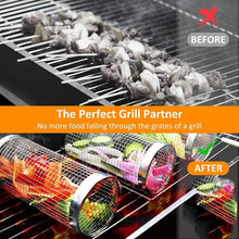 Load image into Gallery viewer, 20cm/30cm BBQ Basket Stainless Cylindrical Rolling Grilling Baskets Portable Barbecue Rack For Grill For Fish Shrimp Meat Fries BBQ Grill Basket Rolling Grilling Basket Stainless Steel Grill Mesh Barbeque Grill Accessories