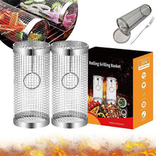 Load image into Gallery viewer, 20cm/30cm BBQ Basket Stainless Cylindrical Rolling Grilling Baskets Portable Barbecue Rack For Grill For Fish Shrimp Meat Fries BBQ Grill Basket Rolling Grilling Basket Stainless Steel Grill Mesh Barbeque Grill Accessories