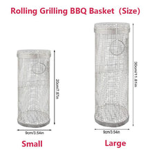 Load image into Gallery viewer, 20cm/30cm BBQ Basket Stainless Cylindrical Rolling Grilling Baskets Portable Barbecue Rack For Grill For Fish Shrimp Meat Fries BBQ Grill Basket Rolling Grilling Basket Stainless Steel Grill Mesh Barbeque Grill Accessories