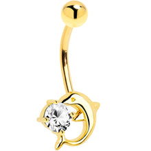 Load image into Gallery viewer, 16G Solid 14k Yellow Gold Dolphin Clear Cubic Zirconia Belly Ring