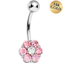 Load image into Gallery viewer, Solid 14k White Gold Pink Cubic Zirconia Flower Belly Ring