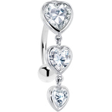 Load image into Gallery viewer, 16G Solid 14k White Gold Top Mount Cubic Zirconia Heart Trilogy Belly Ring