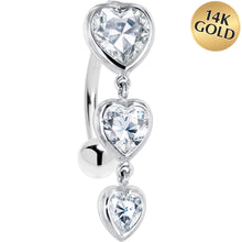 Load image into Gallery viewer, 16G Solid 14k White Gold Top Mount Cubic Zirconia Heart Trilogy Belly Ring
