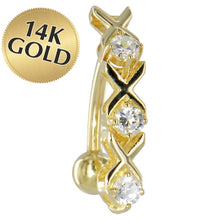 Load image into Gallery viewer, 16G Solid 14k Yellow Gold Top Mount Cubic Zirconia Xoxo Belly Ring