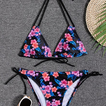 Load image into Gallery viewer, Sunset Bloom 2-Piece Triangle Bikini Set for Women – Vibrant Random Floral Print Halter Neck Swimsuit with Tie-Back Tie-Side Bottoms & High Cut Legs – Women's High-Stretch Swimwear for Summer Beach Escapes