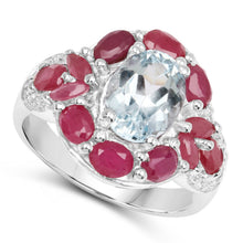 Load image into Gallery viewer, 3.54 Carat Genuine Aquamarine, Ruby and White Topaz .925 Sterling Silver Ring