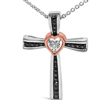 Load image into Gallery viewer, 14K Rose Gold Plated Sterling Silver Black Rhodium Diamond Accent Heart Cross Pendant Necklace