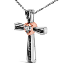Load image into Gallery viewer, 14K Rose Gold Plated Sterling Silver Black Rhodium Diamond Accent Heart Cross Pendant Necklace
