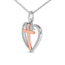 Load image into Gallery viewer, 14K Rose Gold Plated Sterling Silver 1/5 Cttw Diamond Heart Cross Pendant Necklace