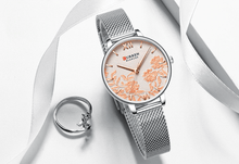 Load image into Gallery viewer, Womens Elegant Waterproof Clock With Decoupage Flower Details In Variant With Leather And Stainless Steel Knitted Belts