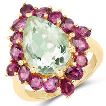 Load image into Gallery viewer, 14K Yellow Gold Plated 7.21 Carat Genuine Green Amethyst and Rhodolite .925 Sterling Silver Ring