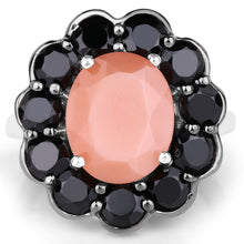 Load image into Gallery viewer, 7.88 Carat Genuine Peach Moonstone and Black Spinel .925 Sterling Silver Ring