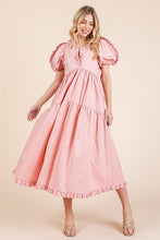 Load image into Gallery viewer, Ruffle Trim Puff Sleeve Tiered Babydoll Midi Dress β Fluttering, Sweet, Elegant, Feminine, and Trendy Babydoll Midi Dress with Ruffle Trim and Puff Sleeves