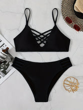 Load image into Gallery viewer, Noir Allure Criss Cross Bikini Set for Women – Chic Elegant Hollow Out Design with High Waist Buckle Detail Adjustable Spaghetti Straps & Medium Stretch Nylon – 2-Piece Women's Swimwear for Summer Beach Days & Poolside Glam
