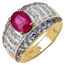 Load image into Gallery viewer, 14K Yellow Gold Plated 3.02 Carat Genuine Ruby, Tanzanite & White Topaz .925 Sterling Silver Ring