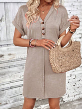 Load image into Gallery viewer, Elegant Button V-Neck Short Sleeve Dress Flattering Casual & Office Wear Simple Dress