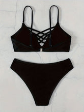 Load image into Gallery viewer, Noir Allure Criss Cross Bikini Set for Women – Chic Elegant Hollow Out Design with High Waist Buckle Detail Adjustable Spaghetti Straps & Medium Stretch Nylon – 2-Piece Women's Swimwear for Summer Beach Days & Poolside Glam
