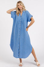 Load image into Gallery viewer, Mineral Wash V-Neck Button-Up Midi Shirt Dress – Trendy, Casual, Lived-In Look with Classic Button Details for Effortless Style