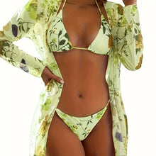 Load image into Gallery viewer, Bikini European Style Floral Print 3 Piece Swimsuit Set for Women – Sexy V Neck Bikini with Cross Strap Detail and Matching Long Sleeve Cover-Up – High Stretch Trendy Swimwear for Summer Beach Vacations Resort Looks and Poolside Fashion