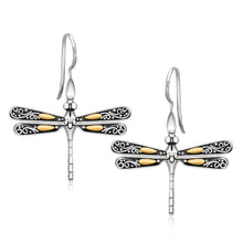 Load image into Gallery viewer, 18k Yellow Gold and Sterling Silver Dragonfly Motif Drop Earrings