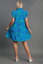 Load image into Gallery viewer, Blue Full Size Two-Tone Floral Print Ruffle Cap Sleeve Mini Dress Plus Size Elegant Dress