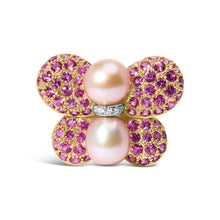 Load image into Gallery viewer, 18K Yellow and White Gold 9MM South Sea Pearl and Pink Sapphire Butterfly Pin Brooch with Diamond Accent (F-G Color, VS1-VS2 Clarity)