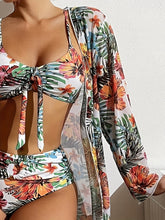 Load image into Gallery viewer, New Tropical Bloom 3-Piece Swimsuit Set – High Waist Floral Fluttering Bikini with Crew Neck Top Spaghetti Straps and Matching Long Sleeve Cover-Up – Stylish Stretchy Women’s Swimwear for Beach & Summer Escapes