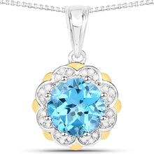 Load image into Gallery viewer, 2.32 Carat Genuine Swiss Blue Topaz and White Diamond 14K Yellow Gold with .925 Sterling Silver Pendant