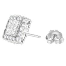 Load image into Gallery viewer, 14K White Gold 1.0 Cttw Round Brilliant & Princess Cut Diamond Scallop-Edge Framed Square Halo Stud Earrings (G-H Color, SI1-SI2 Clarity)