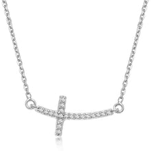 Load image into Gallery viewer, 14k White Gold Curved Cross Diamond Studded Necklace (.11cttw)