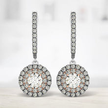 Load image into Gallery viewer, 14k White And Rose Gold Drop Diamond Earrings with a Halo Design (3/4 cttw)
