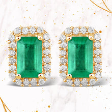 Load image into Gallery viewer, 0.91 Carat Genuine Zambian Emerald and White Diamond 14K Yellow Gold Earrings