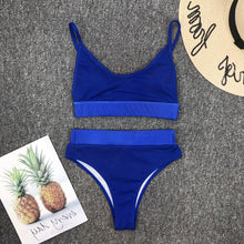 Load image into Gallery viewer, Women Bikini Sets Solid Color Ruffled Swimwear Bathing Suits 2 Piece Split Push Up Bandage Beachwear Women's Bikini Scoop Neck Straps Cutout Crop Top Lace Up Bottom Comfortable Two Piece Swimsuits