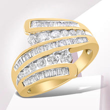 Load image into Gallery viewer, 10K Yellow Gold 1 Cttw Round and Baguette-Cut Diamond Multi Row Bypass Ring Band (H-I Color, I1-I2 Clarity) - Ring Size 7