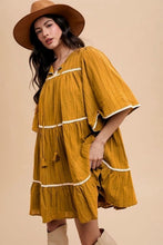 Load image into Gallery viewer, Tassel Contrast Trim Tie Neck Half Sleeve Tiered Dress For Women β Bohemian Inspired Tiered Dress with Tassel Accents and Contrast Trim for a Playful Look