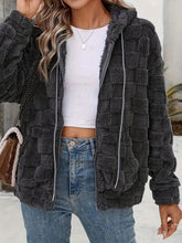 Load image into Gallery viewer, Dark Gray Women Checkered Pattern Jacket Comfy Textured Zip-Up Drawstring Fuzzy Jacket