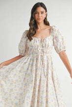 Load image into Gallery viewer, Floral Drawstring Detail Puff Sleeve Midi Dress – Romantic Floral Midi Dress, Ruched Drawstring Dress, Feminine Puff Sleeve Dress, Trendy Garden Party Dress For Summer