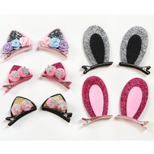 Load image into Gallery viewer, 2pcs/Set Cute Hair Clips For Girls Glitter Rainbow Felt Fabric Flowers Hairpins Cat Ears Bunny Barrettes Kids Hair Accessories for Halloween Parties Cosplay for Girls