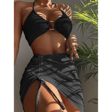 Load image into Gallery viewer, 3-Pack: Textured Ring Linked Halter Bikini Swimsuit & Beach Skirt