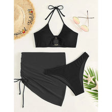 Load image into Gallery viewer, 3-Pack: Textured Ring Linked Halter Bikini Swimsuit & Beach Skirt