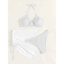 Load image into Gallery viewer, 3-Pack: Textured Ring Linked Halter Bikini Swimsuit & Beach Skirt
