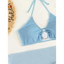 Load image into Gallery viewer, 3-Pack: Textured Ring Linked Halter Bikini Swimsuit & Beach Skirt