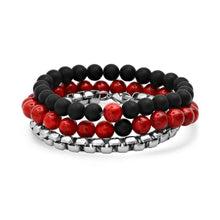 Load image into Gallery viewer, 3-Piece Set: Men's Black Lava, Red Agate And Round Box Link Bracelets