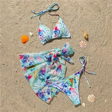 Load image into Gallery viewer, 3 Piece Women Bikini Modern Swimsuit Women High Cut Suit Halter Swimwear Women's Bikini Swimsuits With Wrap Skirt Lace Up Pieces Strings High Cut Bikini Set Bathing Suits Female Triangle Backless Bathing Suit