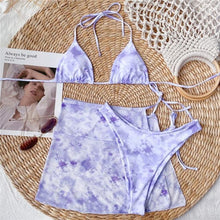 Load image into Gallery viewer, 3 Piece Women Bikini Modern Swimsuit Women High Cut Suit Halter Swimwear Women's Bikini Swimsuits With Wrap Skirt Lace Up Pieces Strings High Cut Bikini Set Bathing Suits Female Triangle Backless Bathing Suit